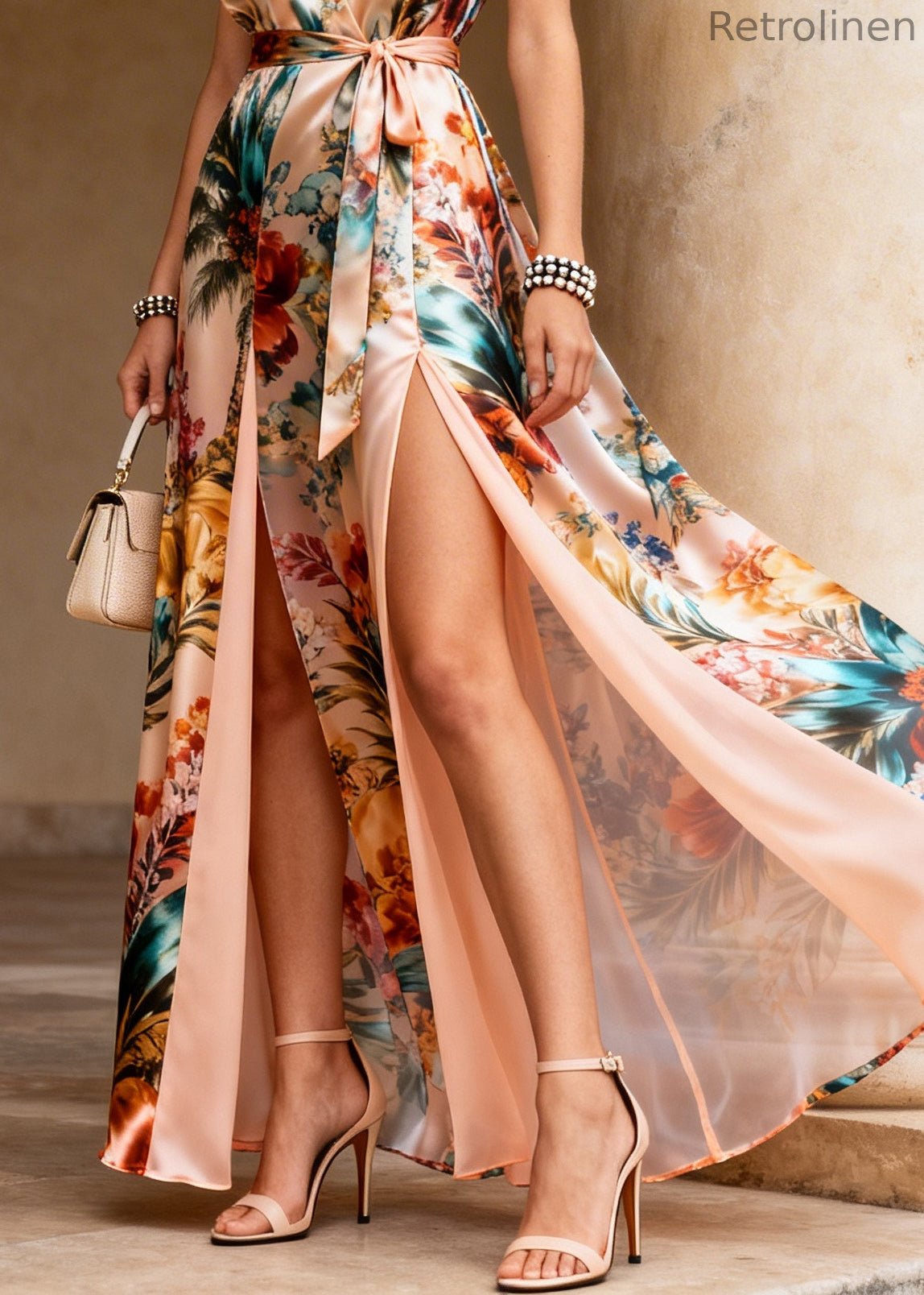 Stylish Apricot Print Side Open Chiffon Party Dress Sleeveless