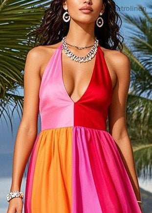 Boutique Multicolored Asymmetrical Patchwork Tulle Halter Dress Summer