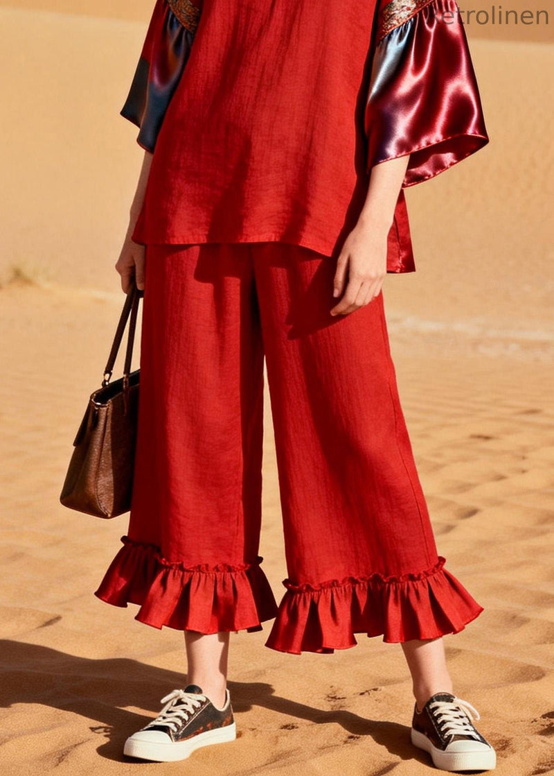 Unique Red Ruffled Patchwork Linen Silk Two Piece Set Outfits Summer