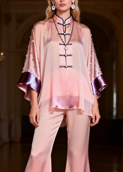 Organic Pink Stand Collar Zircon Silk Top and Flared Trousers Two-piece Set Spring