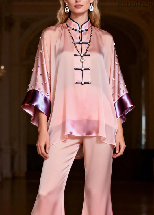 Organic Pink Stand Collar Zircon Silk Top and Flared Trousers Two-piece Set Spring