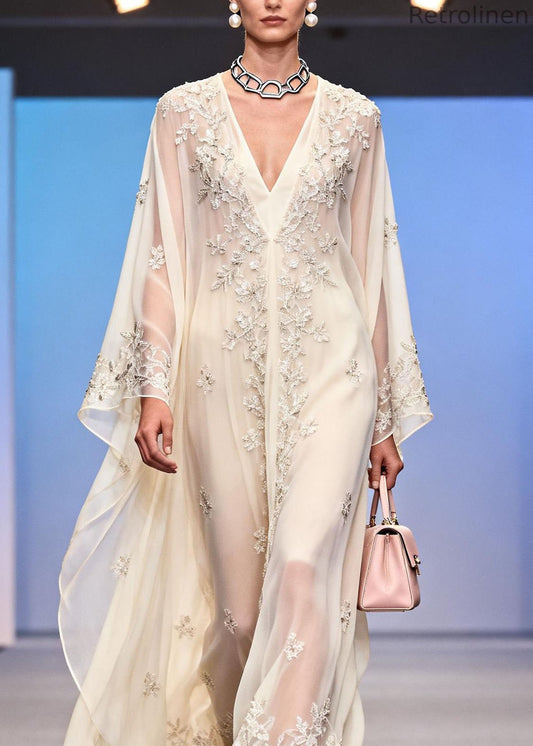 Handmade White Sequins Embroidered Chiffon Dress Spring