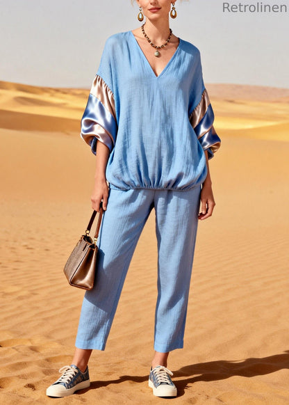 French V Neck Tops and Pants Silk Patchwork Linen Two Pieces Set Spring
