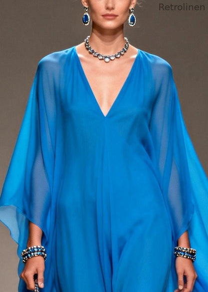 Blue Oversized Draping Chiffon Long Dress Summer