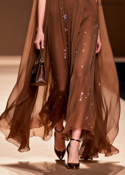 Choaolate Oversized Rhinestone Chiffon Maxi Dresses Sleeveless