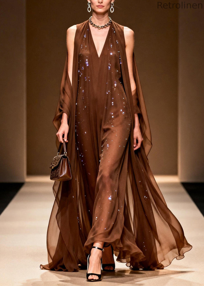 Coffee Cold Shoulder Zircon Chiffon Maxi Dresses Sleeveless