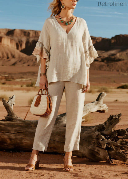 Simple Beige V Neck Patchwork Linen Two Pieces Set Butterfly Sleeve