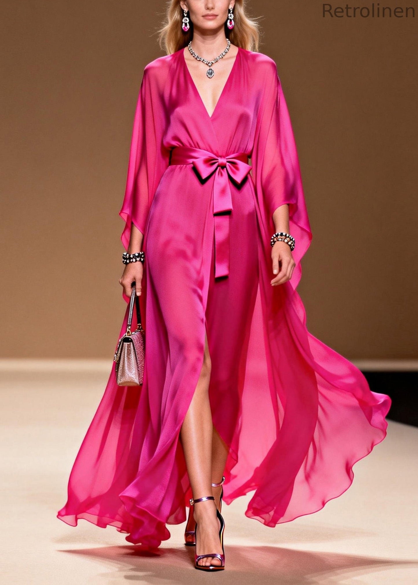 Rose V Neck Lace Up Chiffon Long Dress Summer