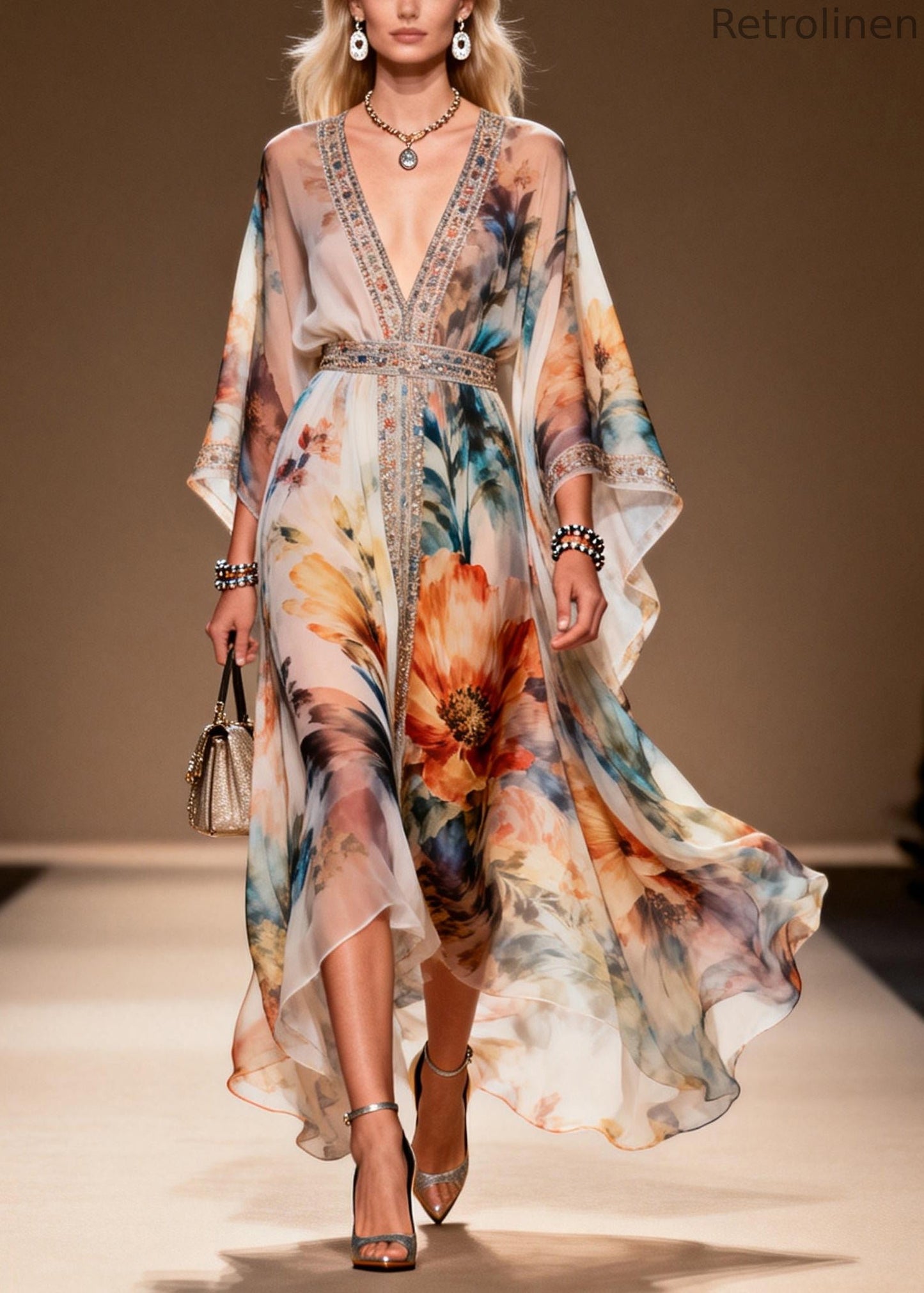Diy Apricot Print Rhinestone Chiffon Party Dresses Summer