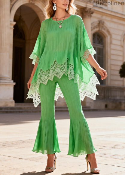 Loose Light Green Low High Design Lace Patchwork Two Piece Set Half Sleeve