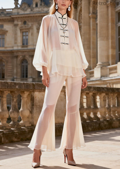 White Stand Collar Chiffon Shirts and Flared Trousers Two Pieces Set Lantern Sleeve