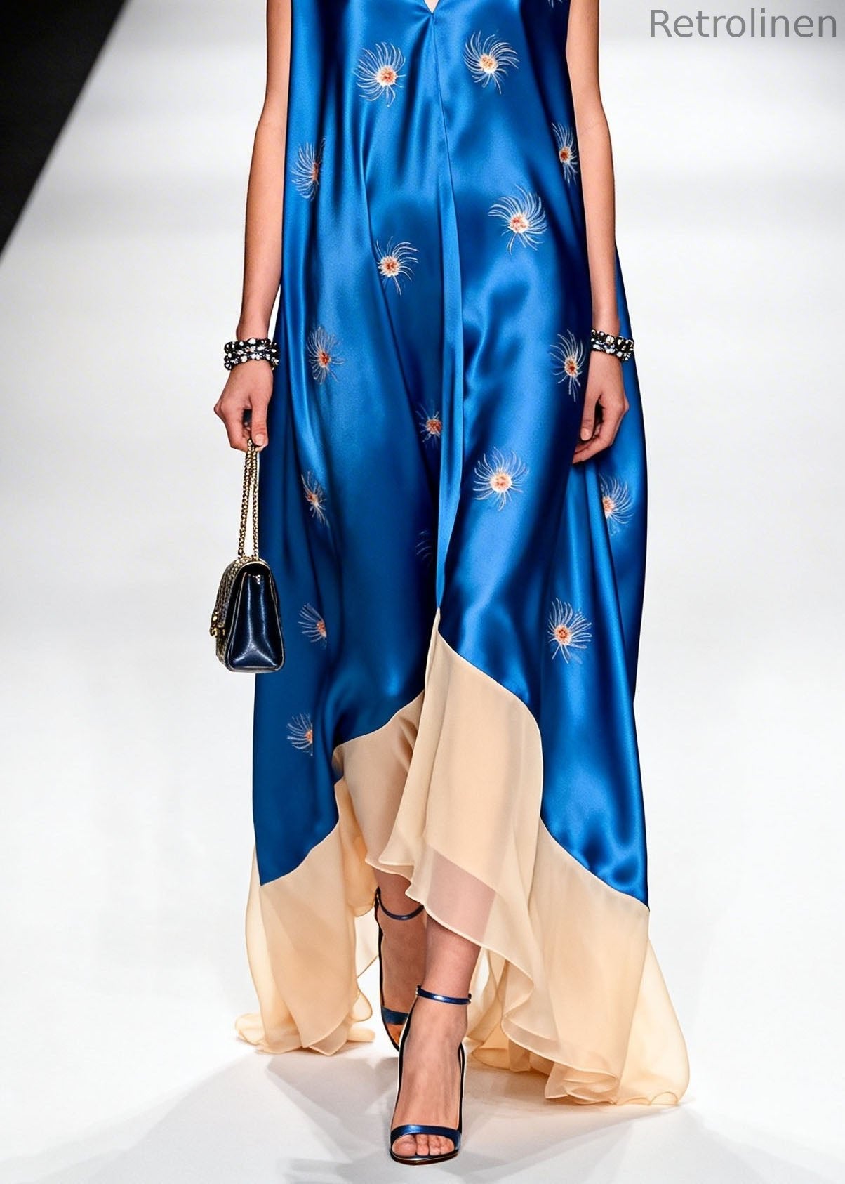 V Neck Print Patchwork Silk Long Dresses Summer